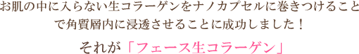 お肌の中に入らない生コラーゲンをナノカプセルに巻きつけることで角質層内に浸透させることに成功しました！それが「フェース生コラーゲン」