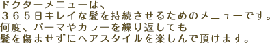ドクターメニューは、３６５日キレイな髪を持続させるためのメニューです。何度、パーマやカラーを繰り返しても髪を傷ませずにヘアスタイルを楽しんで頂けます。