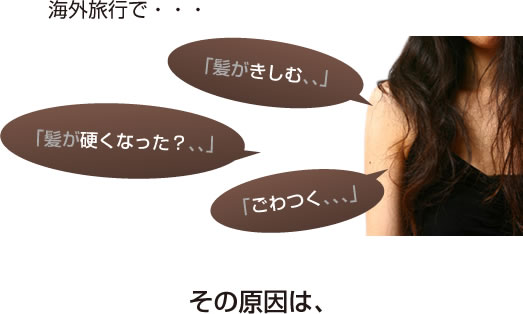 海外旅行で・・・。「髪がきしむ、、」「髪が硬くなった?、、」「ごわつく、、、」その原因は、